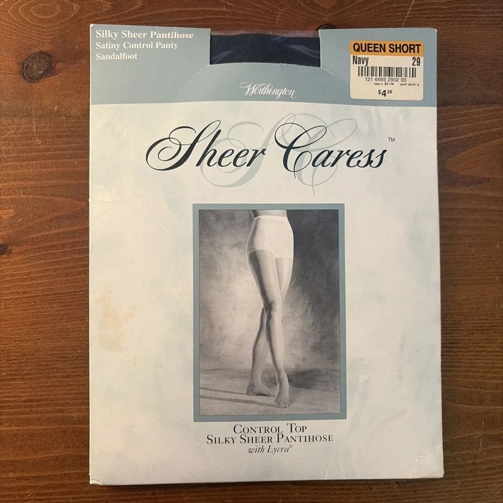 Vtg Pantyhose Queen Short Worthington Sheer Caress‎ Control Top Sandlefoot NAVY